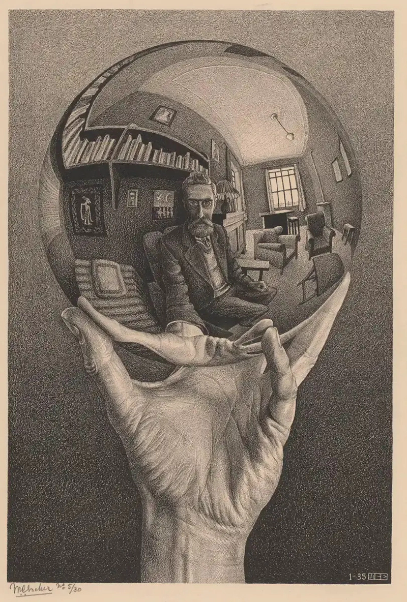 Hand with Reflecting Sphere by M.C. Escher